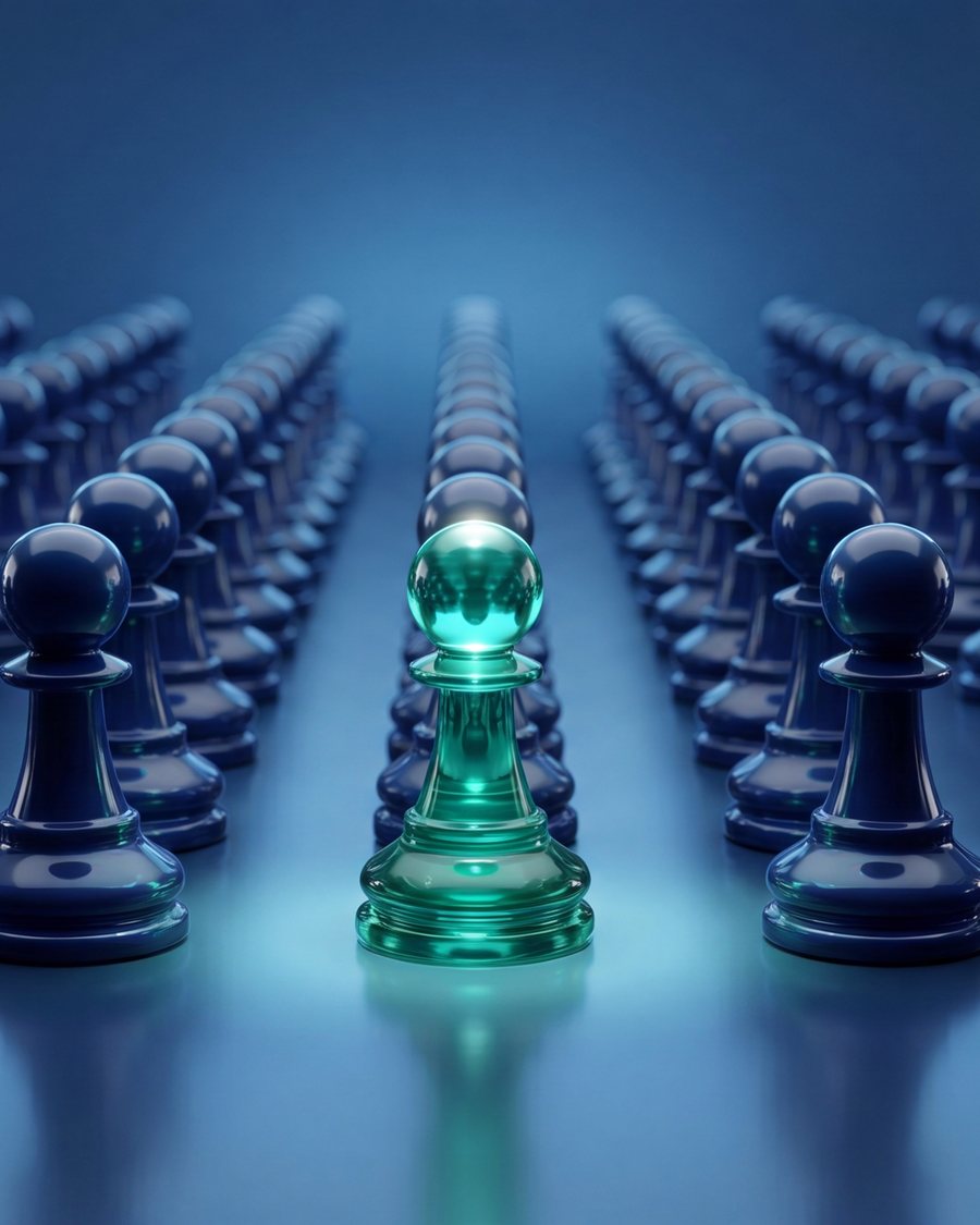 A single green chess pawn standing apart from rows of identical dark blue pawns